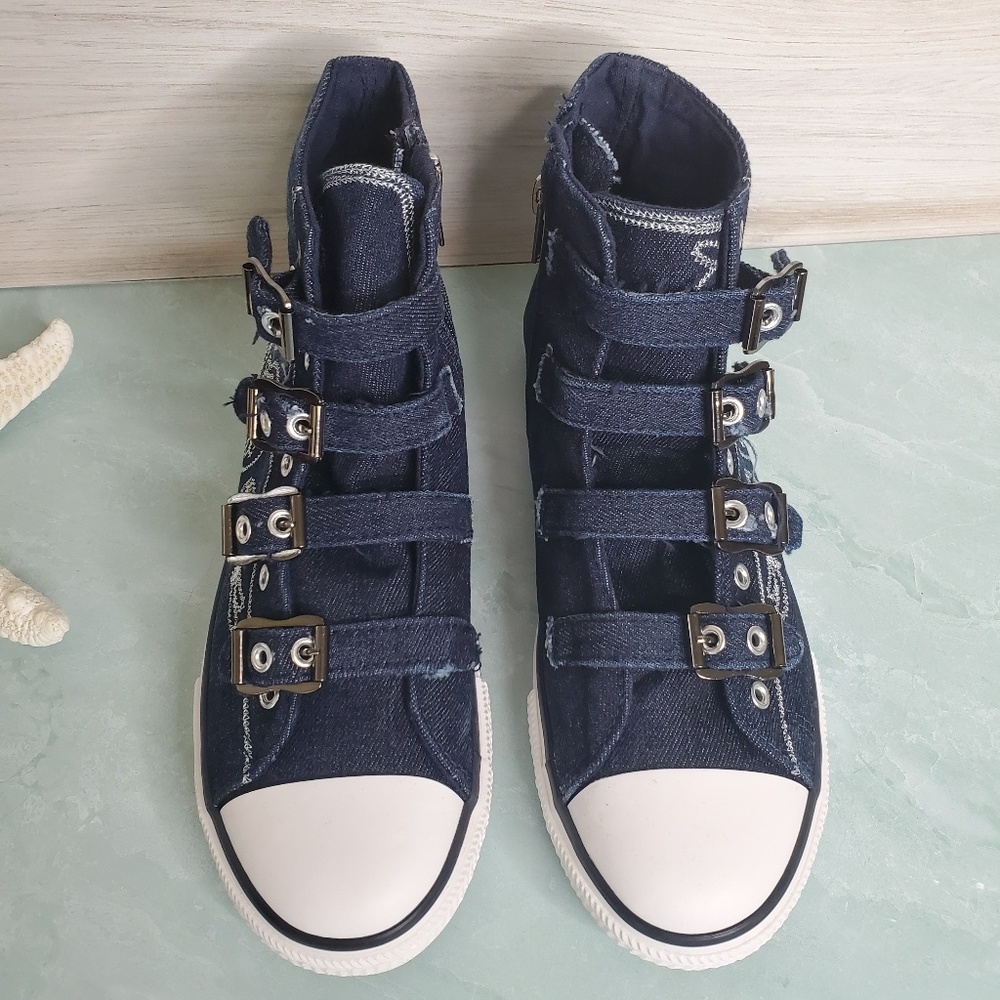 Last One! Dark Denim Buckle Sneakers - Picture 4 of 7